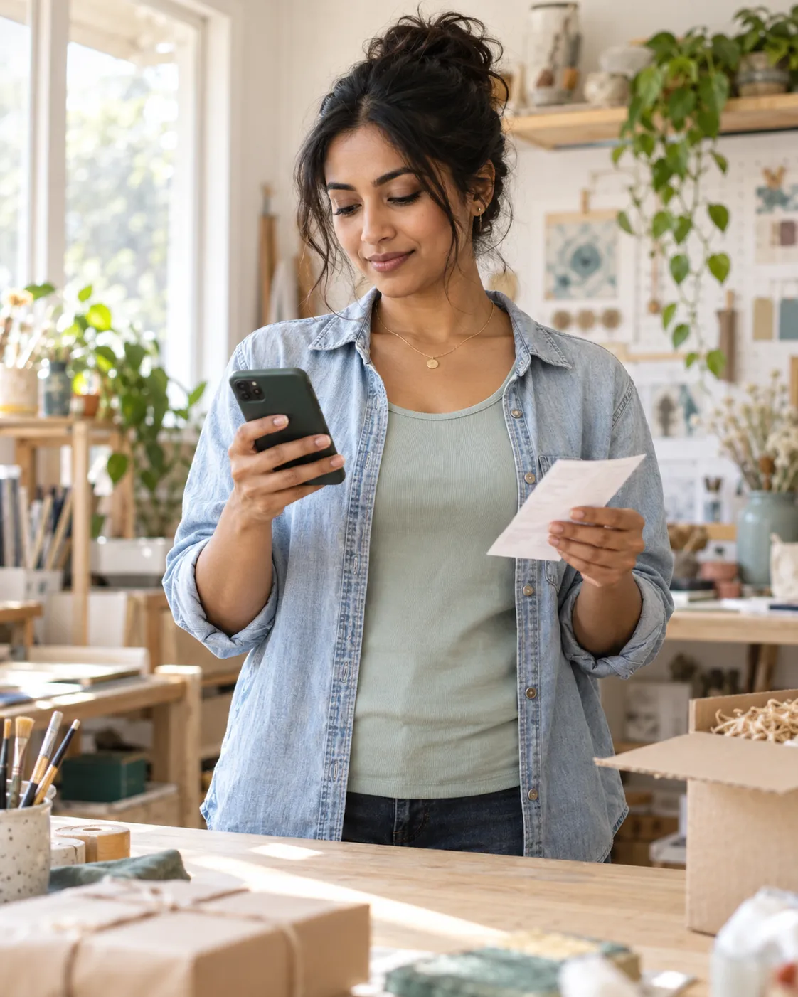 An independent earner checking her phone and a receipt in a bright creative workspace
