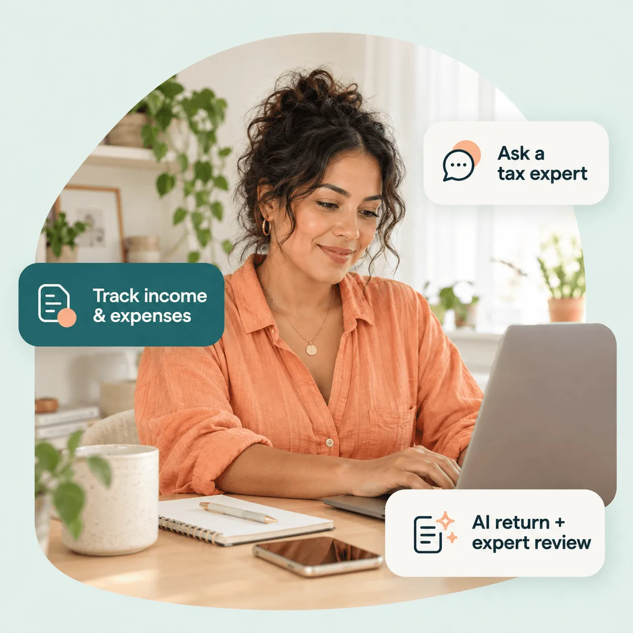 An independent earner working on her laptop, with callouts for tracking income and expenses, asking a tax expert, and an AI-prepared return with expert review