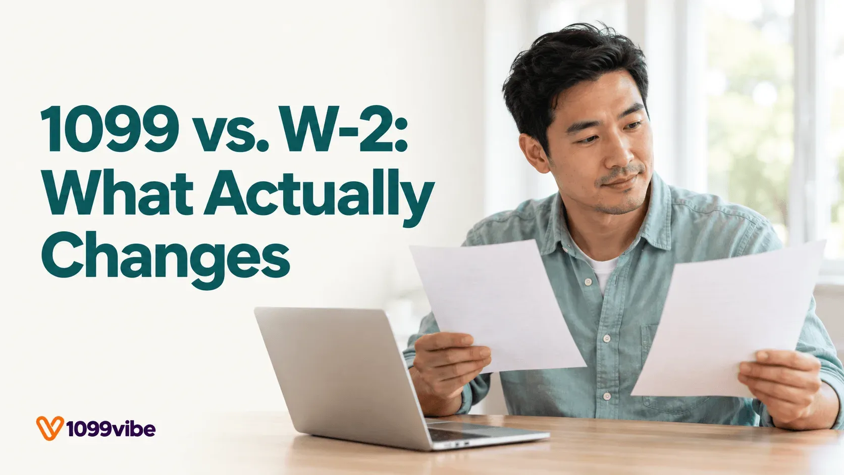 A man at a desk with a laptop comparing two sheets of paper, with the title 1099 vs. W-2: What Actually Changes