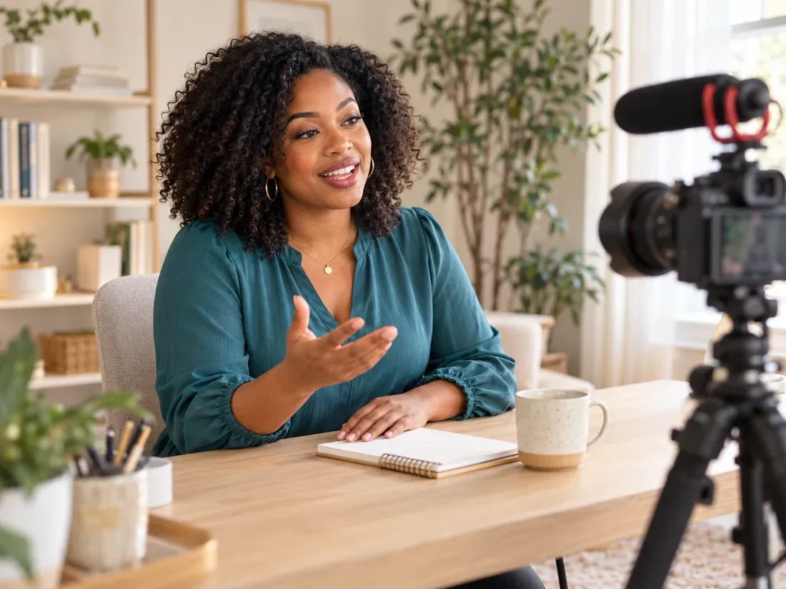 Video creator recording content in a sunlit home studio