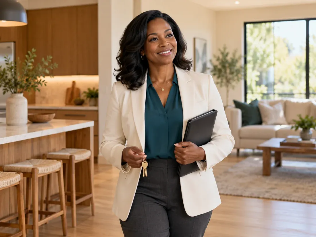 Real estate agent welcoming clients into a modern home
