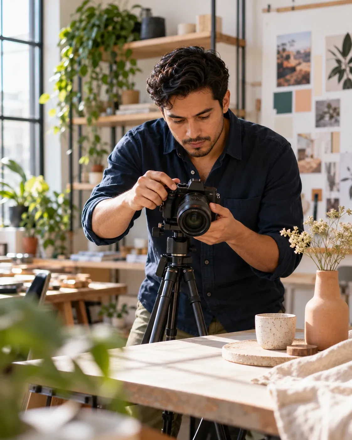A creator filming a tabletop product scene