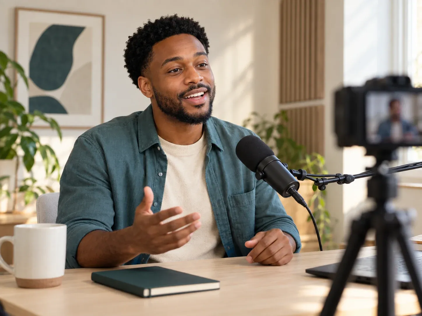 A creator recording a video podcast at a home studio desk