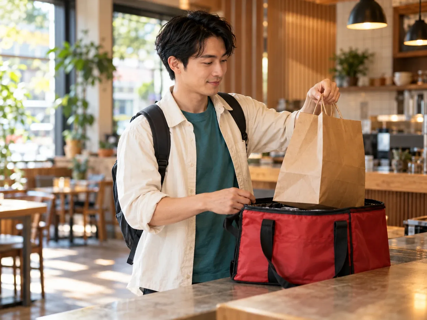 A delivery driver packing a takeout order into an insulated bag at a restaurant counter