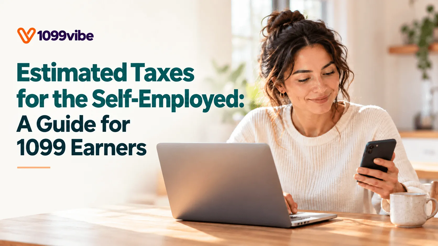 A self-employed woman smiling at her phone beside her laptop, with the title Estimated Taxes for the Self-Employed: A Guide for 1099 Earners