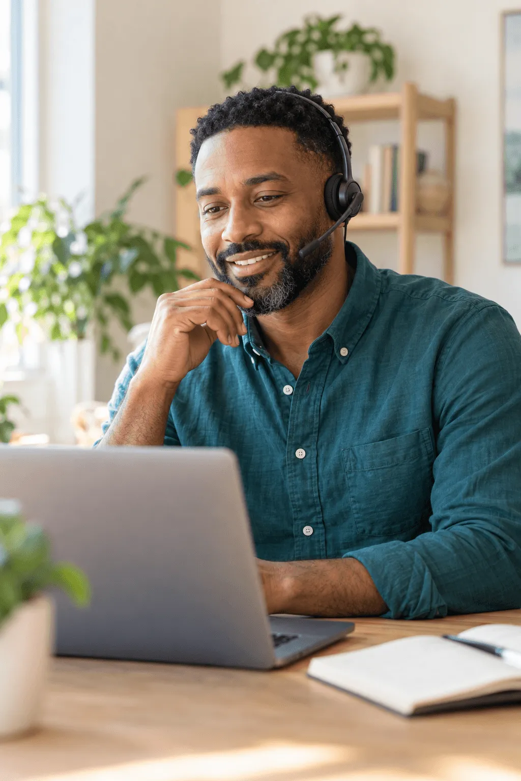 A tax professional wearing a headset, smiling as he helps a client from his laptop