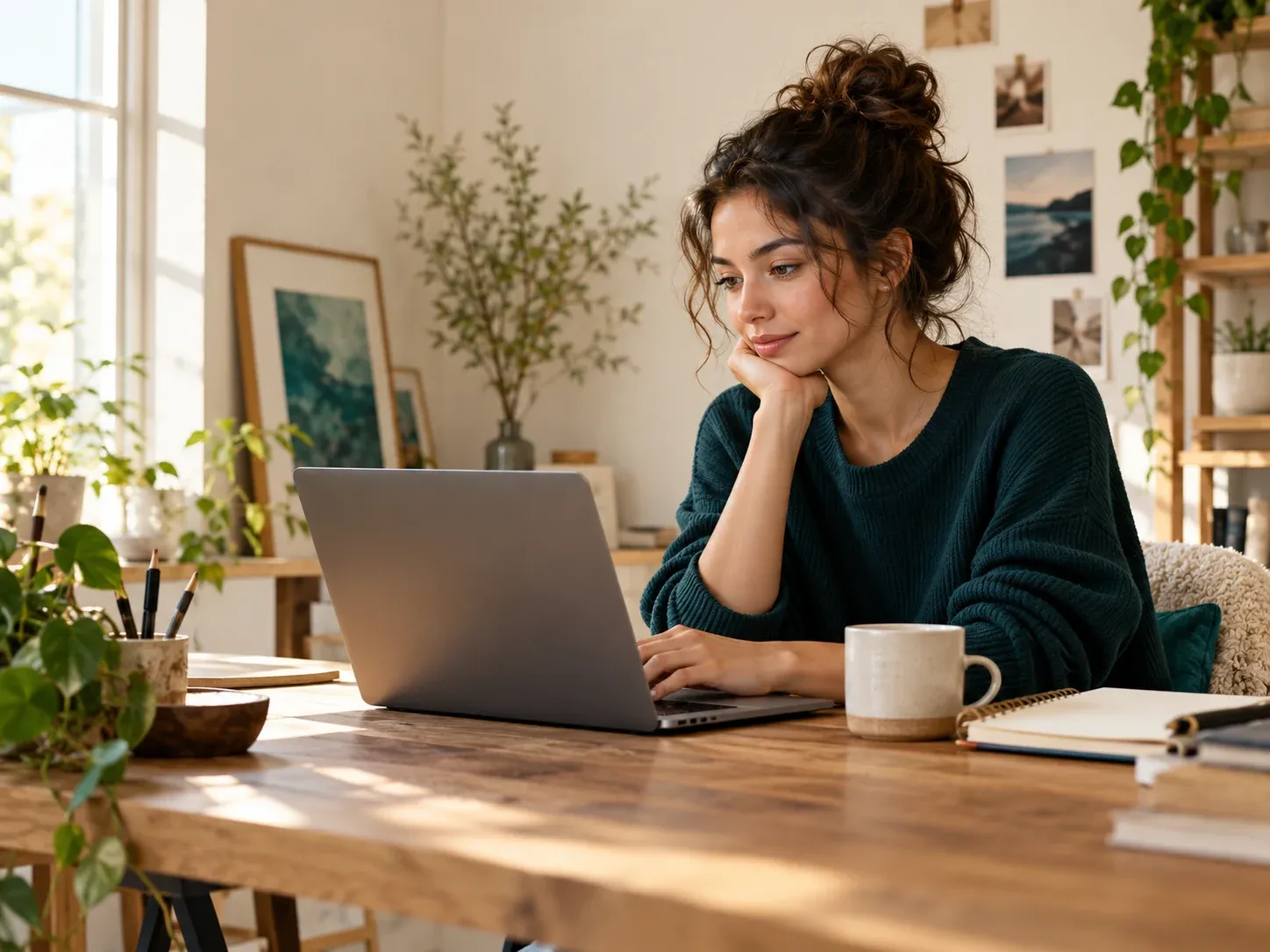A freelancer working at a laptop in a bright home studio