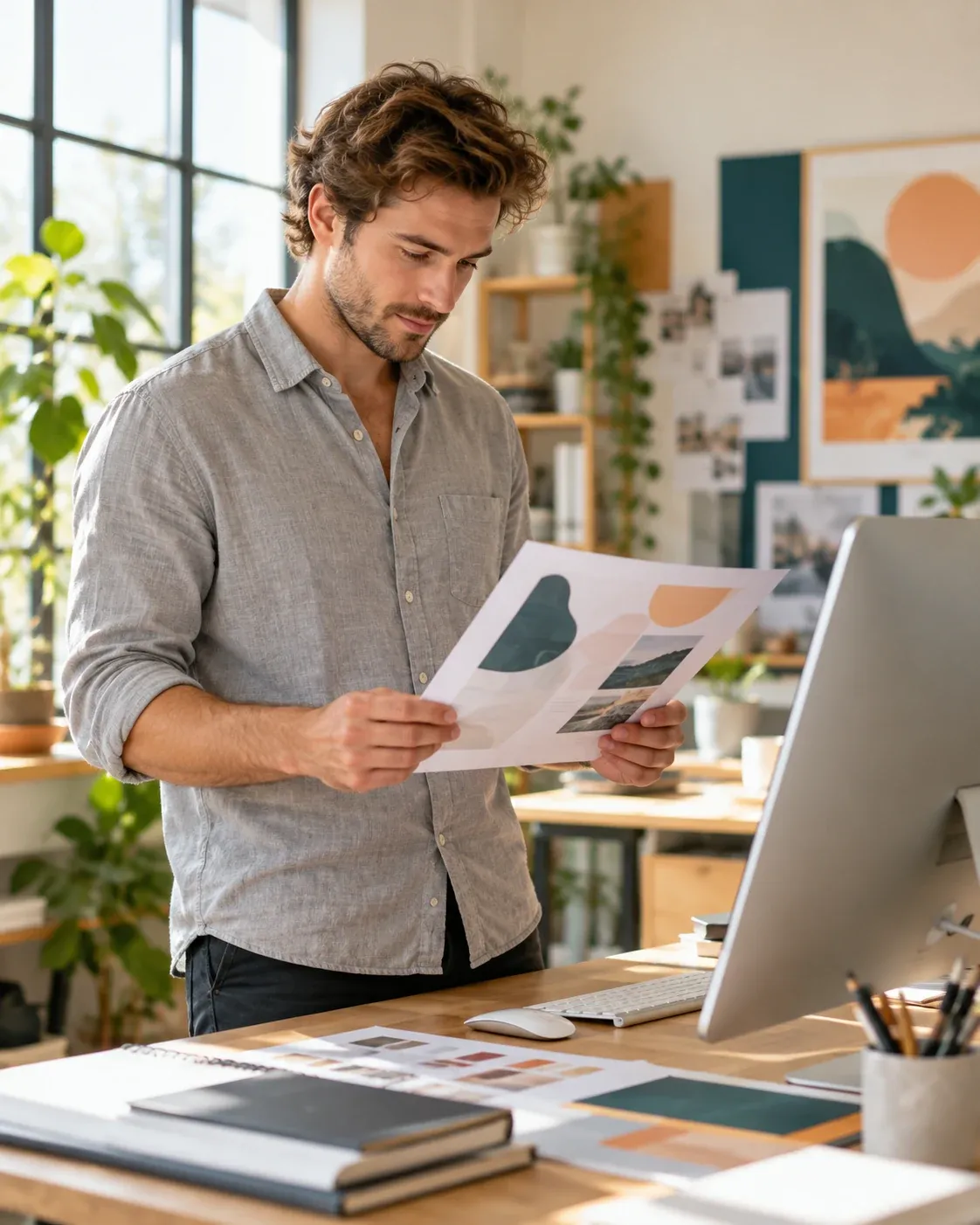 A freelance designer reviewing a project in his studio