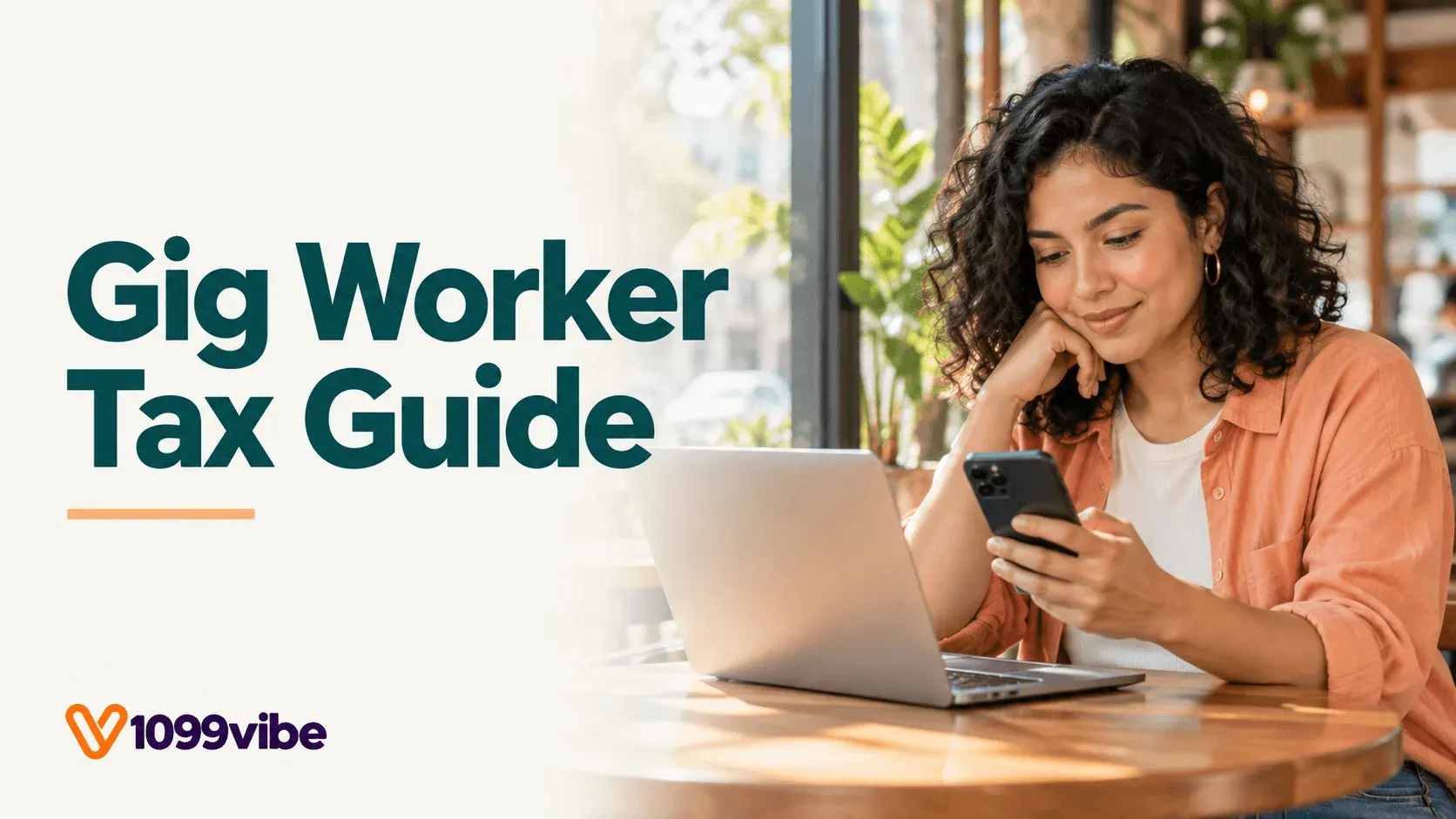 A gig worker smiling at her phone beside her laptop at a café table, with the title Gig Worker Tax Guide