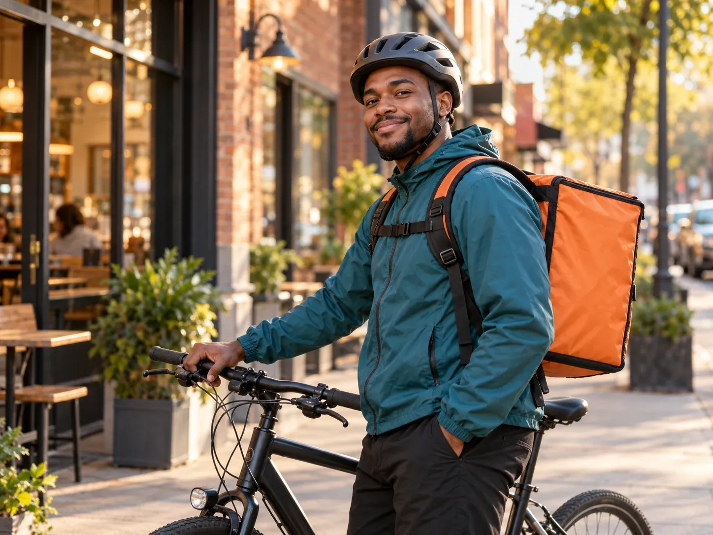 A smiling bike courier in a helmet with an insulated delivery backpack outside a café