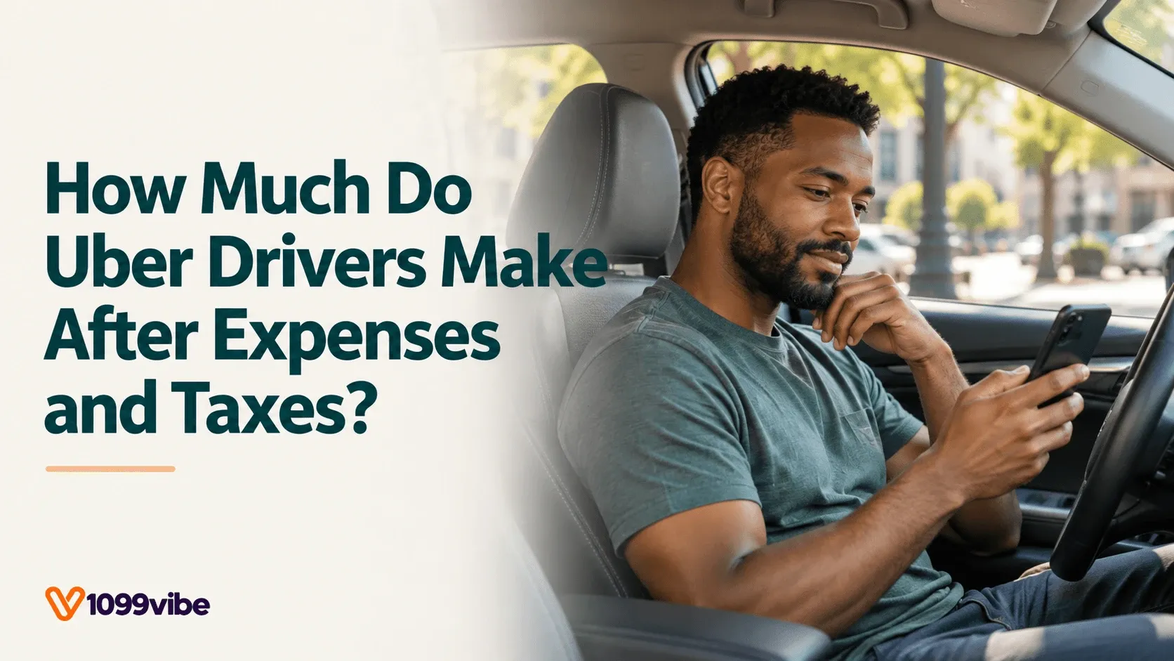 A rideshare driver checking his phone in the driver's seat, with the title How Much Do Uber Drivers Make After Expenses and Taxes?