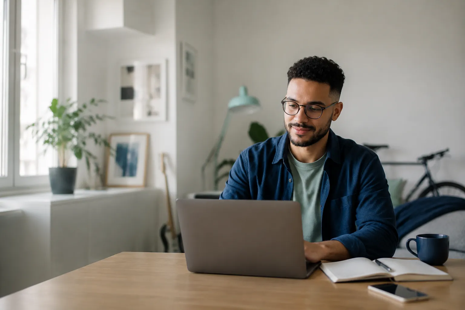 Independent freelancer working on a laptop in a home workspace