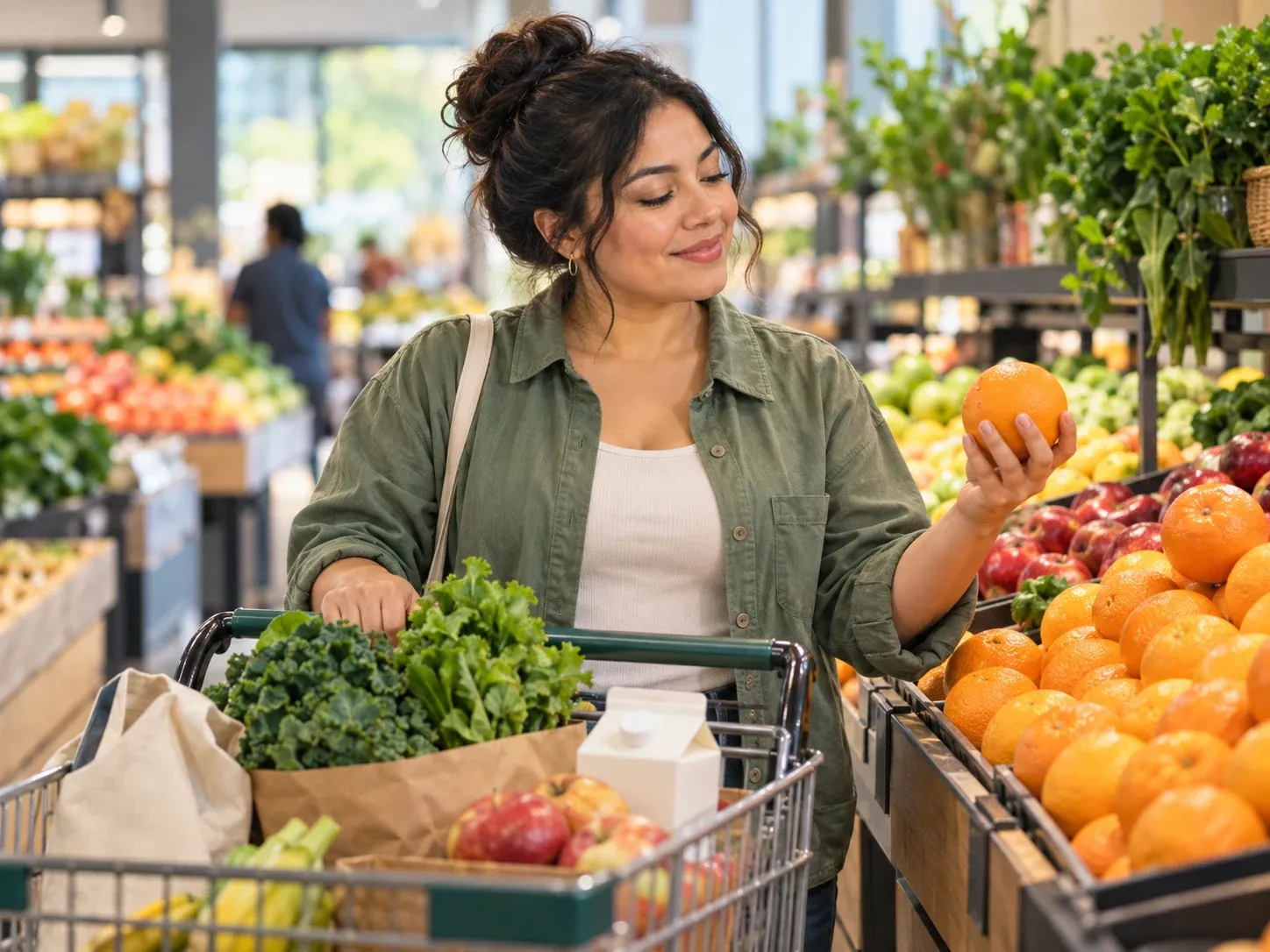 A shopper choosing oranges in a grocery store's produce aisle with a full cart