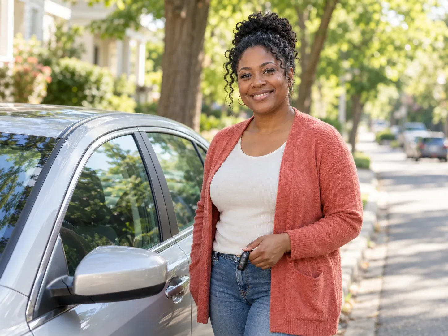 A smiling rideshare driver holding car keys beside a silver sedan on a tree-lined street