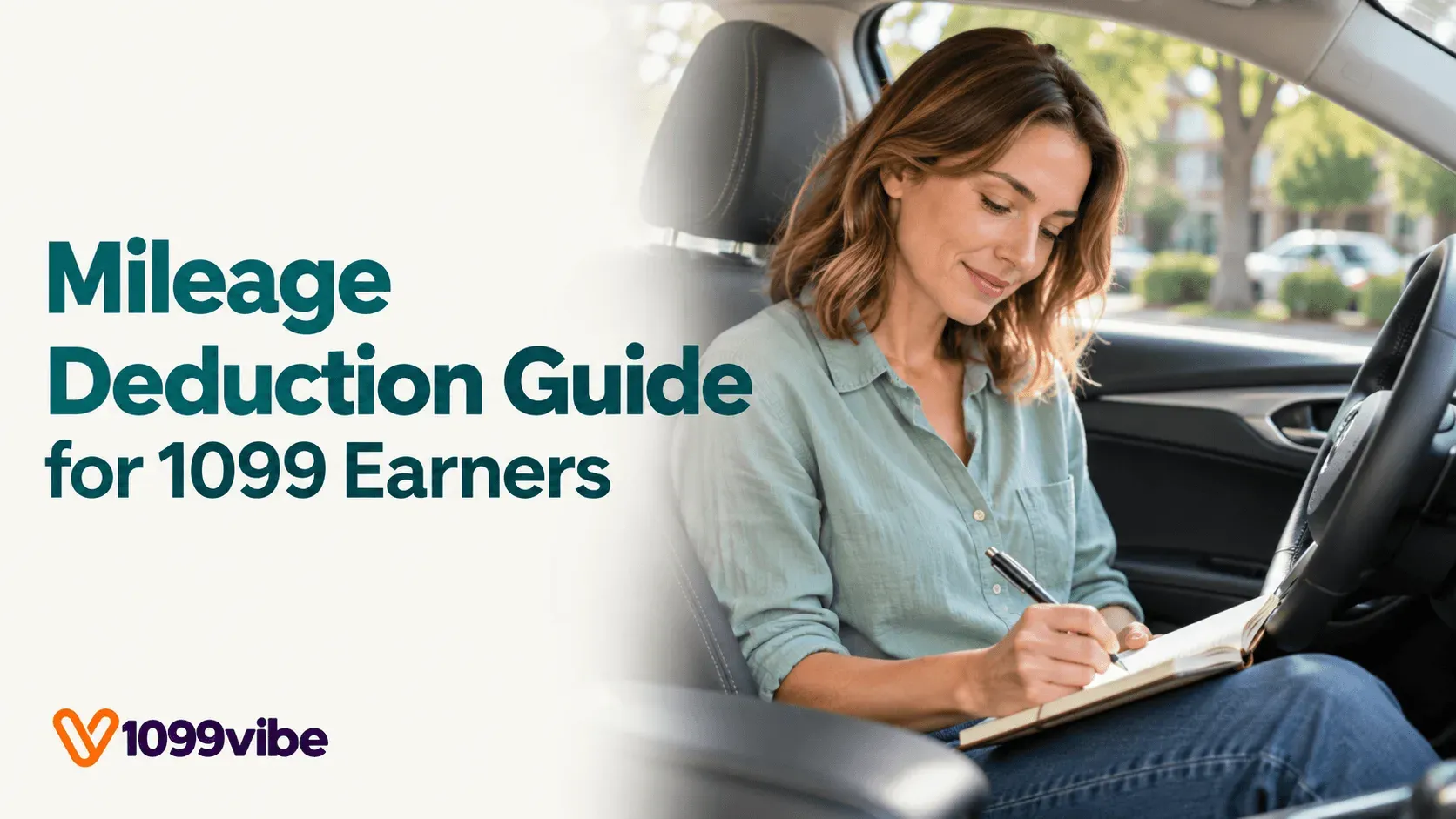 A woman in the driver's seat of her car writing in a notebook, with the title Mileage Deduction Guide for 1099 Earners