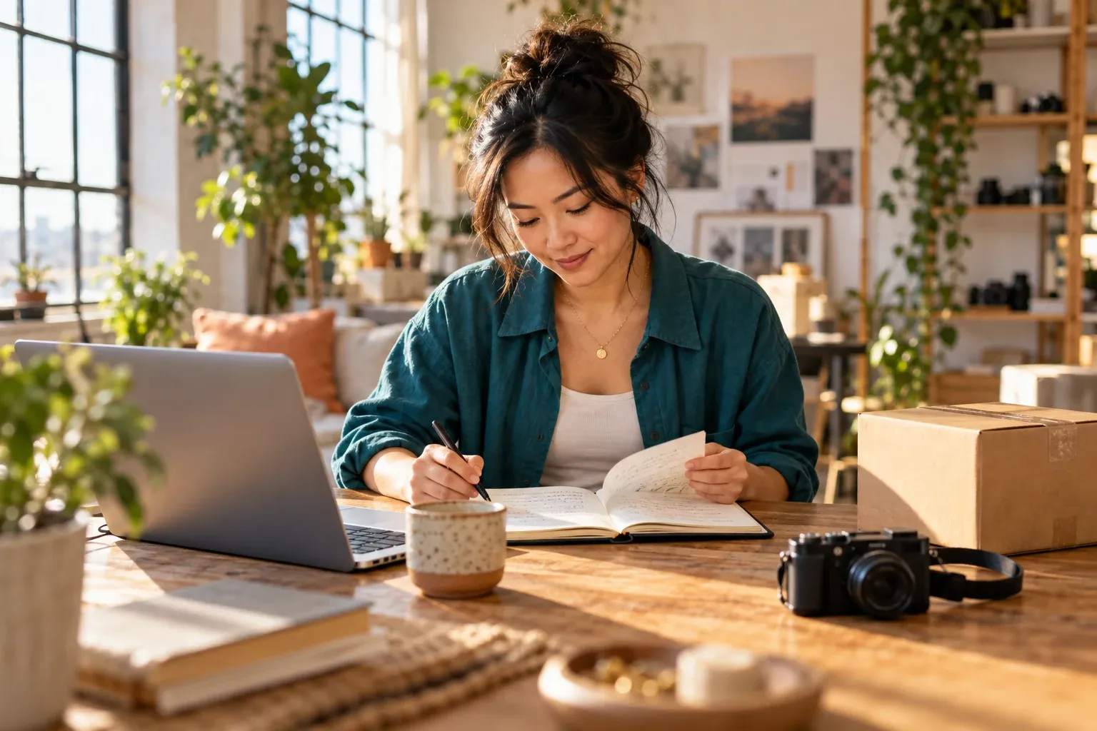 An independent earner organizing notes for freelance and creator projects at her studio desk