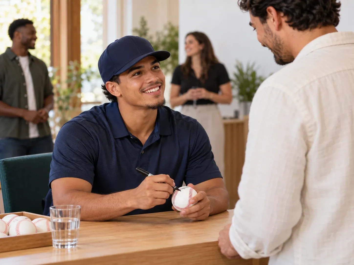 A smiling athlete in a cap signing a baseball for a fan at an event table
