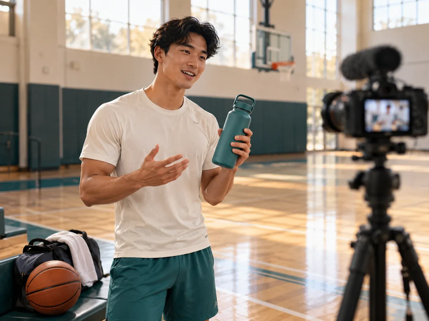 An athlete filming a product video with a water bottle in a sunlit gym