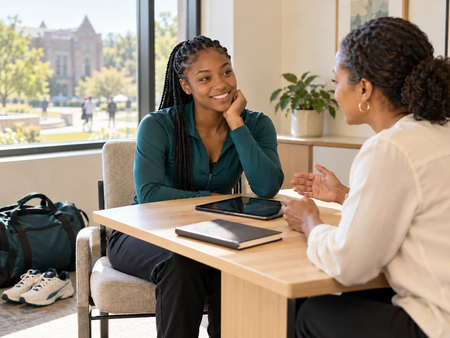 A smiling student-athlete talking with an adviser at a table overlooking campus