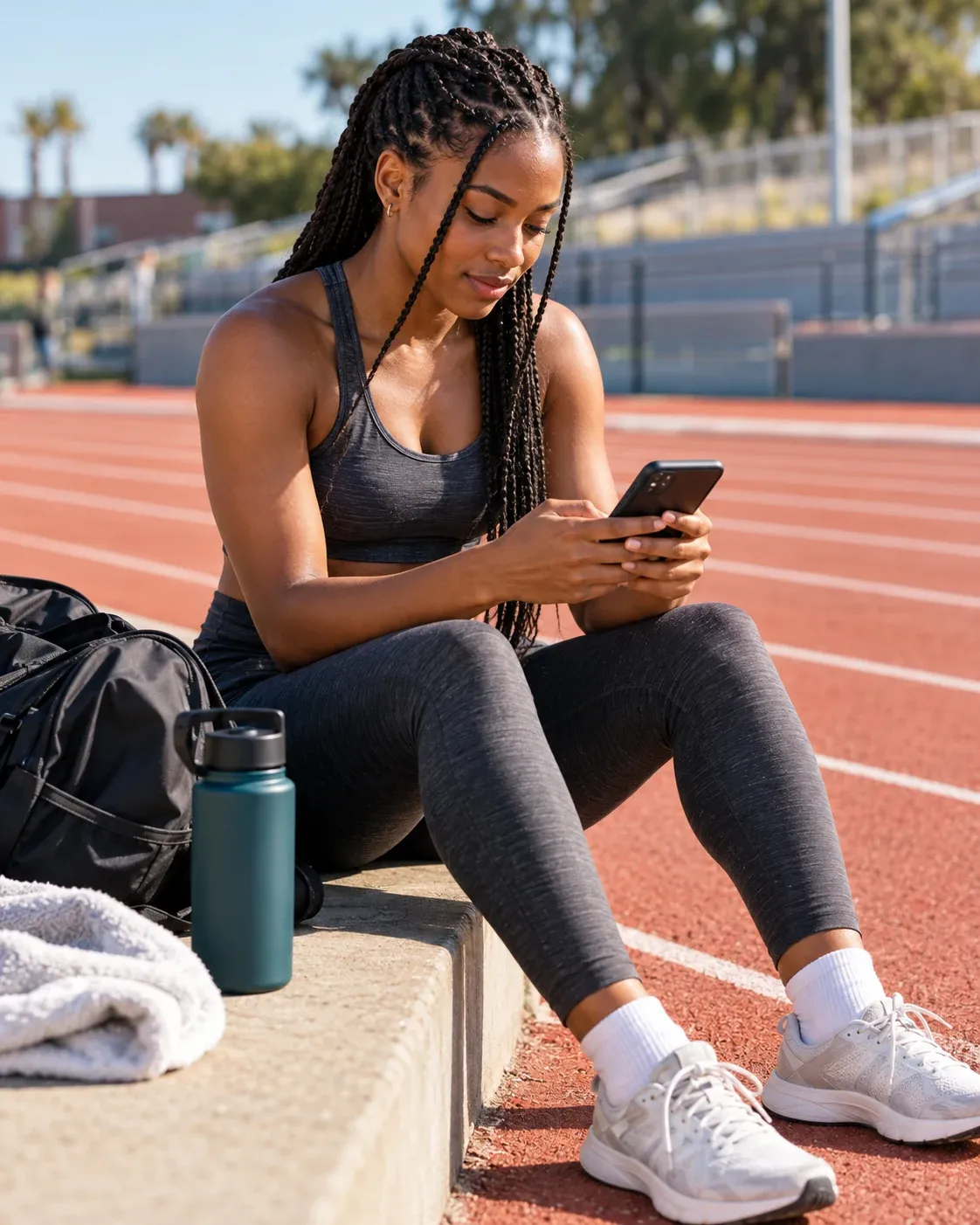 A college athlete checking her phone at a track