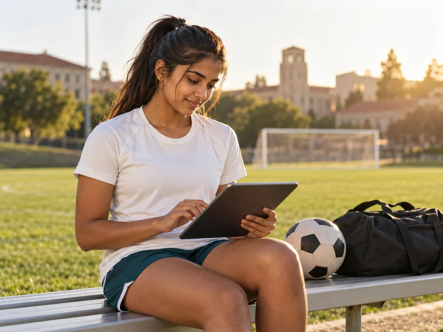 A student athlete checking a tablet beside a campus soccer field