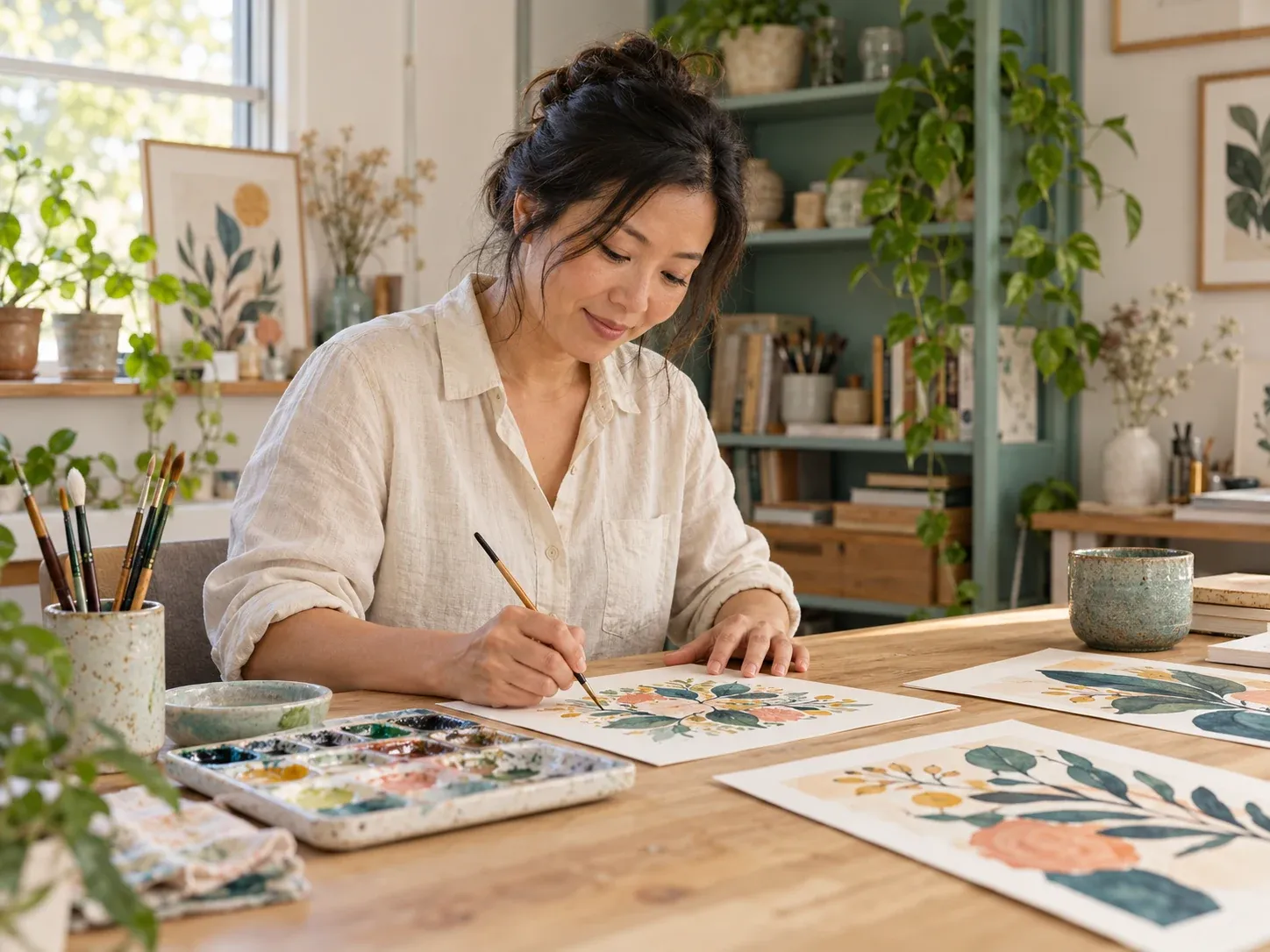 An artist painting a botanical watercolor at a sunlit studio table
