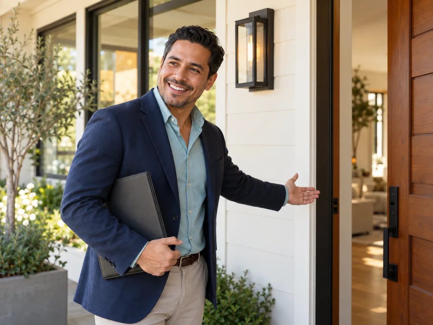 A real estate agent welcoming clients into a home