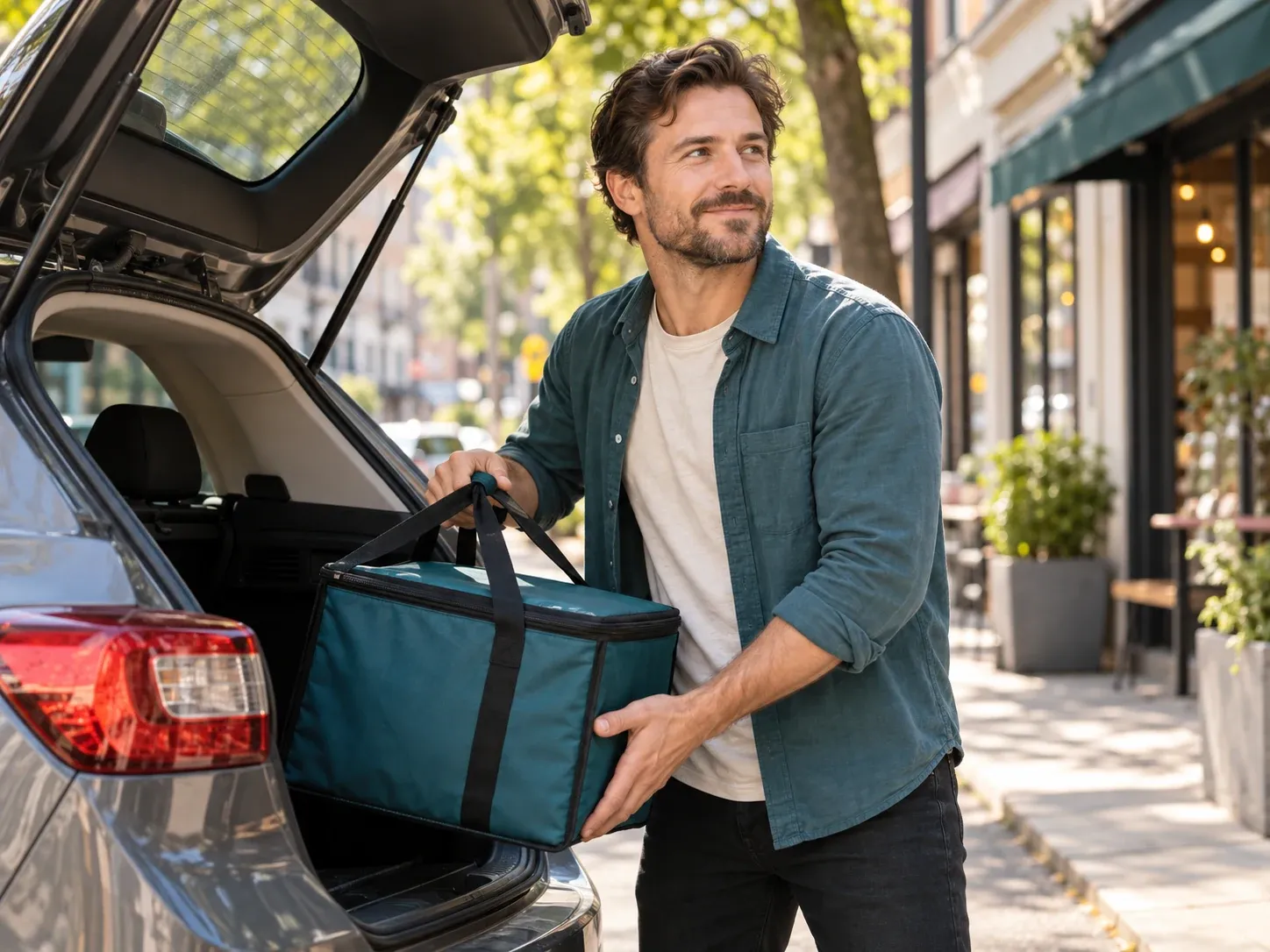 A delivery driver loading an insulated bag into a car
