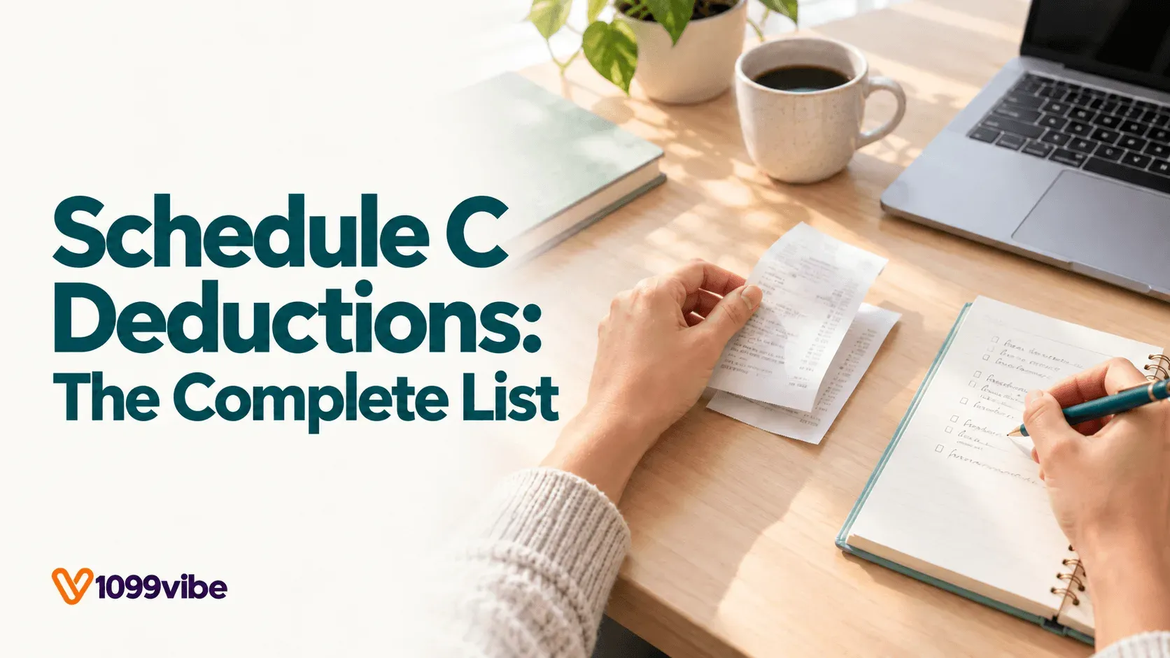 Hands holding a receipt and checking off a list in a notebook beside a laptop and coffee, with the title Schedule C Deductions: The Complete List