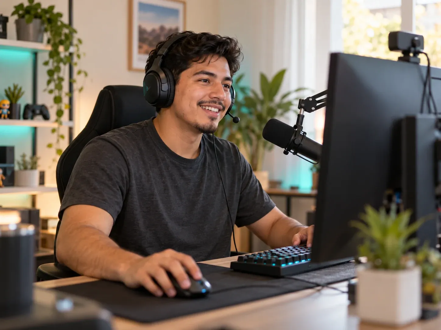 A smiling streamer in a headset at a desk with a microphone, keyboard, and monitor