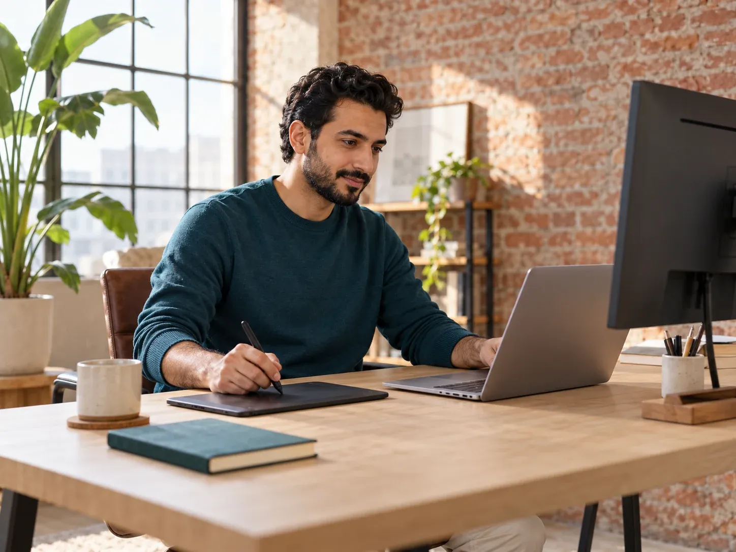 A freelancer working with a drawing tablet and laptop at a desk in a sunlit loft