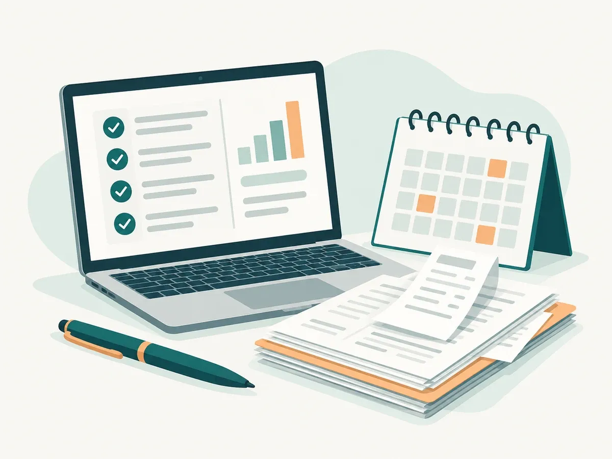 A laptop with an organized checklist beside expense records and a calendar, showing tax habits throughout the year